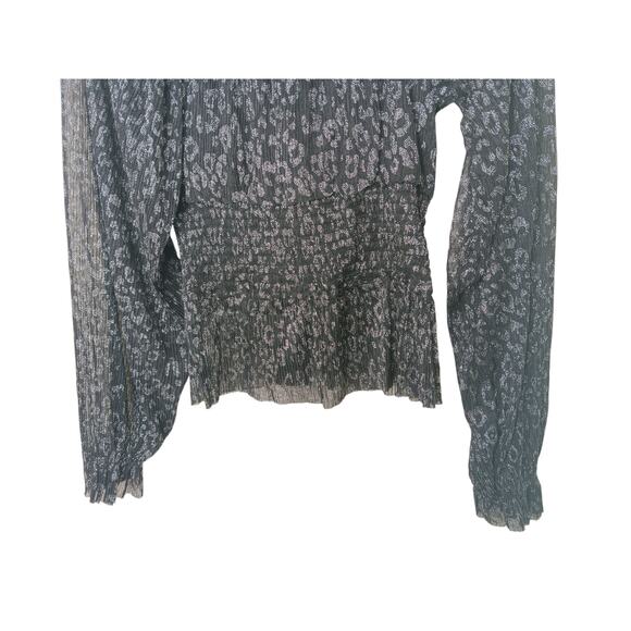 New Easel Black Metallic Animal Print Smocked Waist Blouse Sz Large Long Sleeve - Picture 5 of 8
